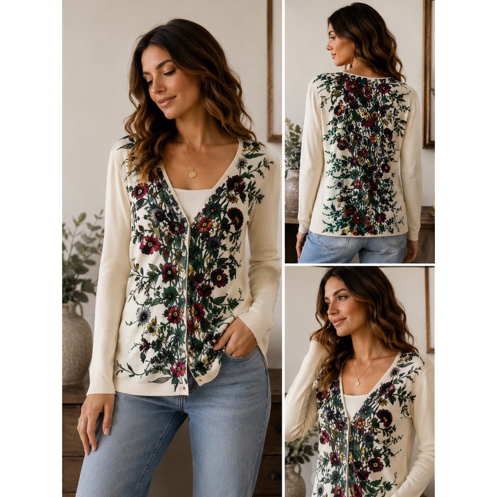 Neiman Marcus Cashmere Collection Floral Cardigan M Silk Cashmere Blend Luxury